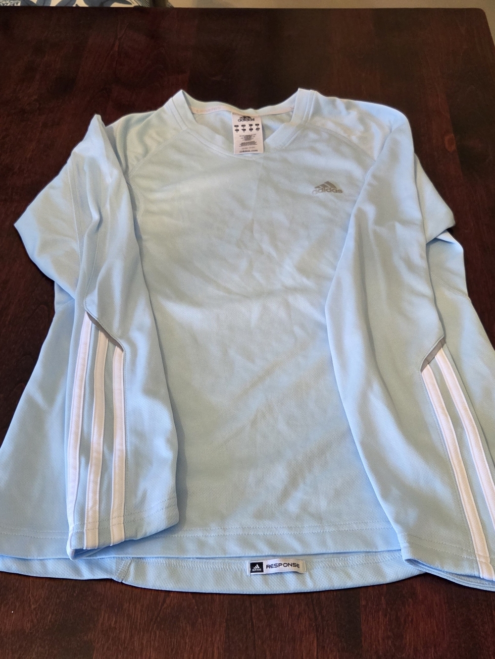 adidas Light Blue Long Sleeve Women's' Athletic Tee with White Stripe Accents